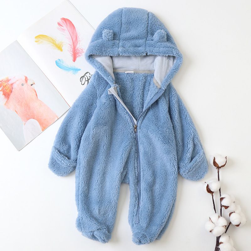 Soft Fleece Hooded Baby Jumpsuit With Mittens - Unisex Cartoon Style Infant Romper For Newborns - Cozy Zipper Closure, Long Sleeve, Neutral Colors_voghion.com