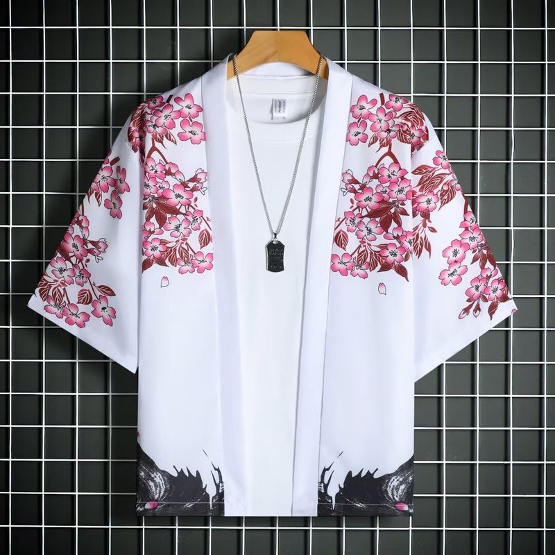 Ethnic Style Cardigan, Kimono, Men's And Women's Loose Casual Ukiyo-e Painted Seven Quarter Sleeves, Feather Woven Robe,_voghion.com