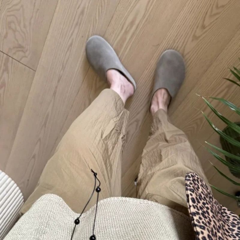 Niche Closed-Toe Half Slippers For Women, Summer Outdoor Genuine Leather Lazy Slip-On Flat Mules, Boken Shoes_voghion.com