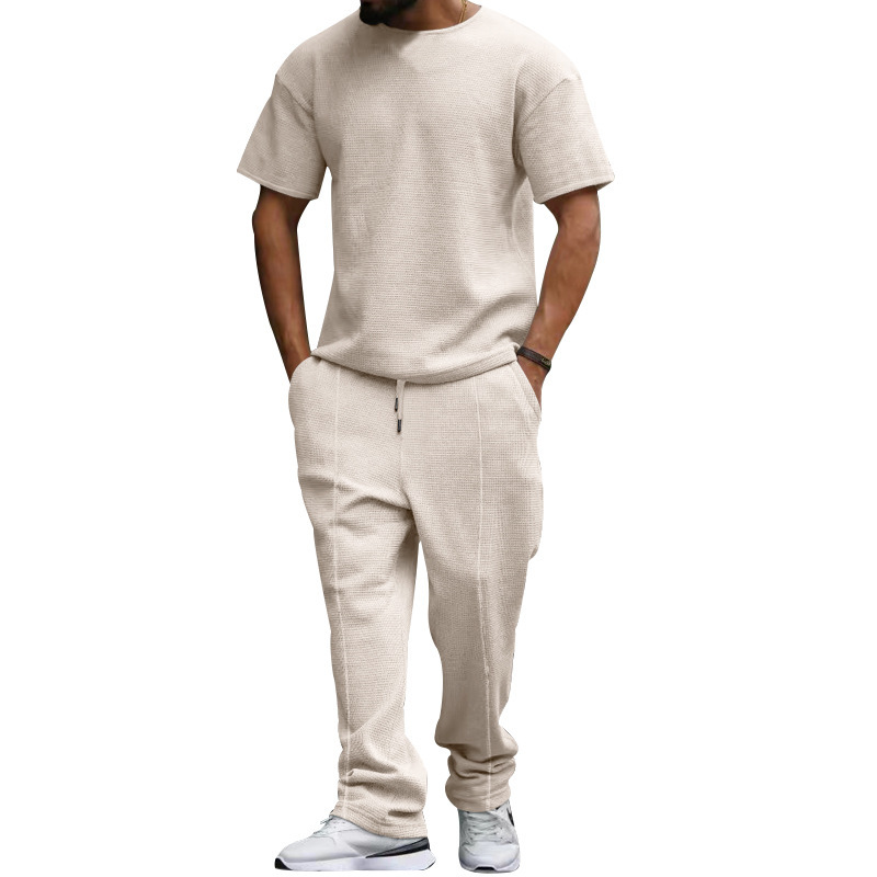 men's short-sleeved trousers suit heavyweight waffle oversize large size round neck casual suit_voghion.com