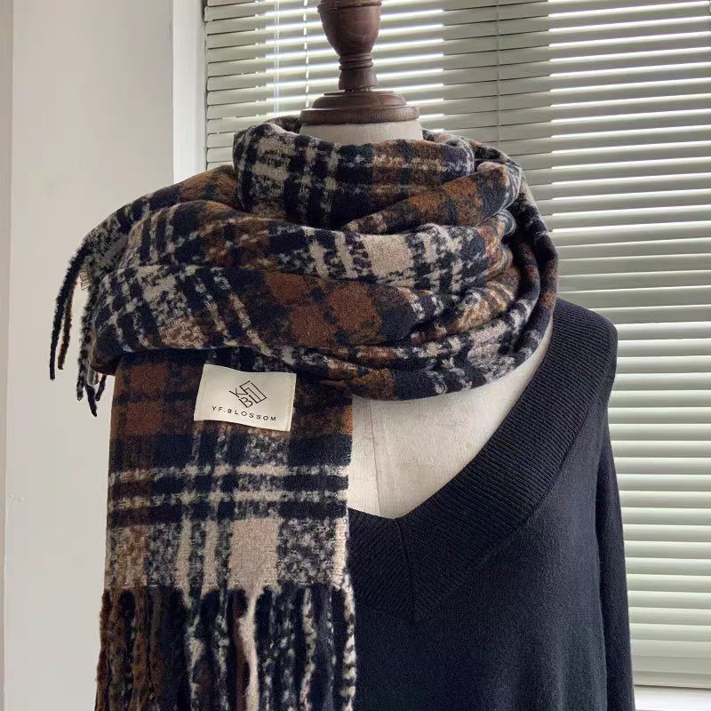 Thousand Bird Grid Scarf for Women, Autumn and New St, Student Versatile, Thickened Warm Scarf, Tassel, Winter Ins_voghion.com