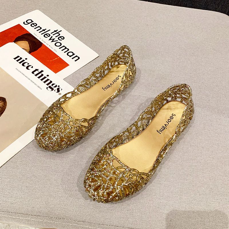 Sandali con punta cava, scarpe estive da ballo in gelatina con cristalli scintillanti, suola piatta e morbida, scarpe da spiaggia traforate per donna_voghion.com