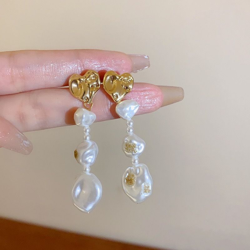 Silver needle pleated flower pearl heart French geometric earrings, niche commuting new and earrings_voghion.com