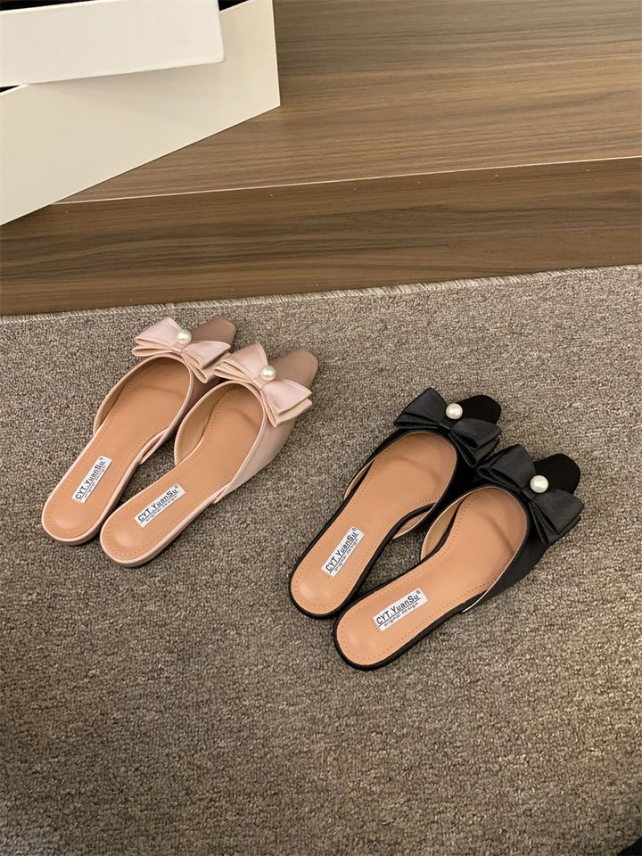 Hausschuhe mit quadratischem Kopf und flacher Zehenpartie für die Sommersaison 2025, neue Seide, Satin, Perle, vielseitig, schön, cool und_voghion.com