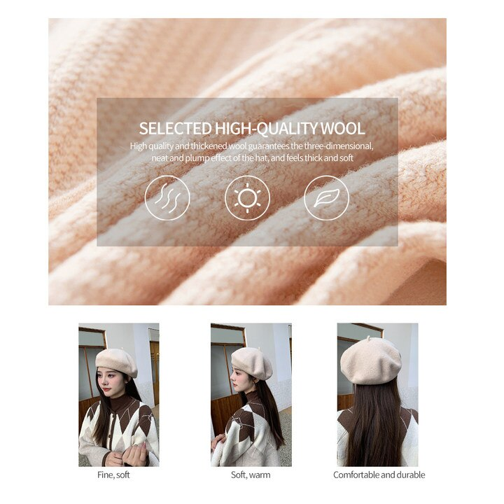Damen-Wollmütze im französischen Künstlerstil, warme Wintermütze, Retro-Uni-Baskenmütze, einfarbig, elegante Dame, alles aufeinander abgestimmt_voghion.com
