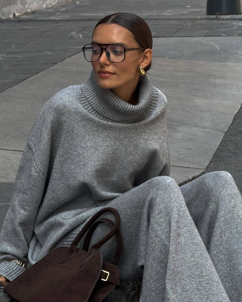 Elegant High-neck Sweater & Straight Leg Pants Set For Women Soft Gray Knitwear Comfortable & Stylish Outfit, Versatile Fall Winter Wardrobe Essential_voghion.com