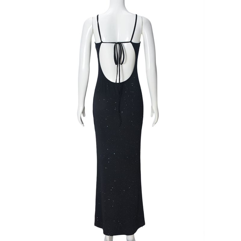 Sexy rückenfreies, figurbetontes Kleid mit Strassträgern – ärmelloses, langes Sommerkleid mit Schlitz für Frauen, dehnbare Clubwear aus Strick, elegant und lässig_voghion.com