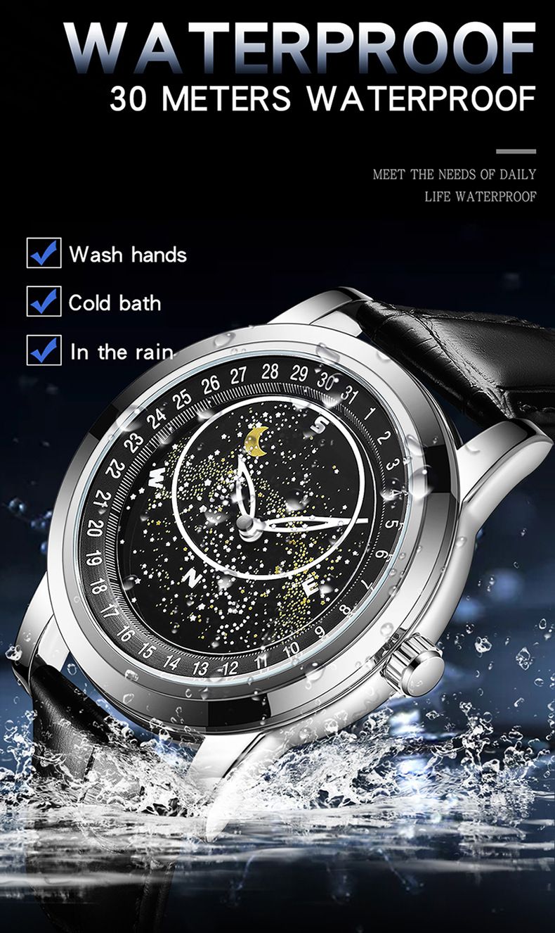 Montre mécanique automatique pour homme avec cadran étoilé rotatif, aiguilles lumineuses, étanche jusqu'à 30 m, fermoir en acier inoxydable, bracelet en cuir véritable_voghion.com