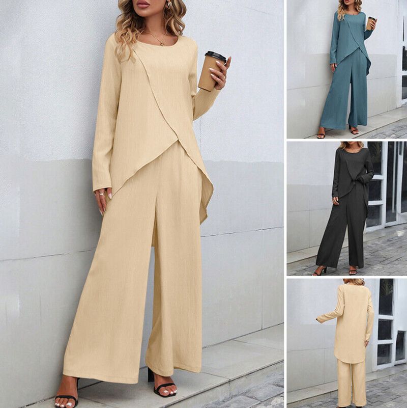 Women's Clothing Women's Long Sleeved Irregular Hem Tops With Elastic Waist And Wide Leg Trousers_voghion.com
