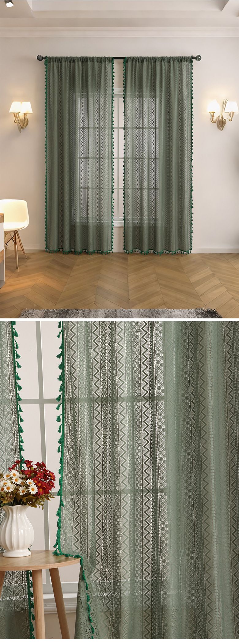 Modern Sheer Curtains For Living Room & Bedroom - Light Filtering Polyester, Eyelet Design, 140x160/200/260cm (Green, Beige)_voghion.com