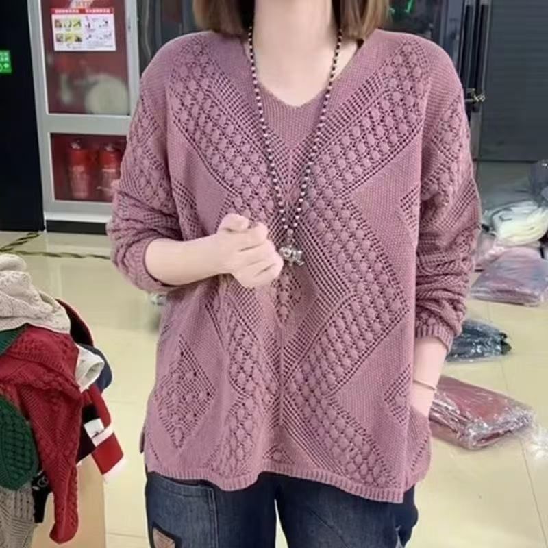 Pull oversize en maille ajourée à col en V pour femme, style coréen, décontracté, couleur unie, coupe ample, tendance printemps-automne_voghion.com