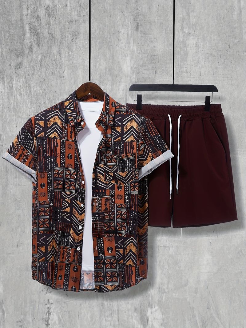 Camicia Hawaii di qualità imbattibile per uomo, casual, da vacanza, con pantaloncini a maniche corte, set da due pezzi_voghion.com