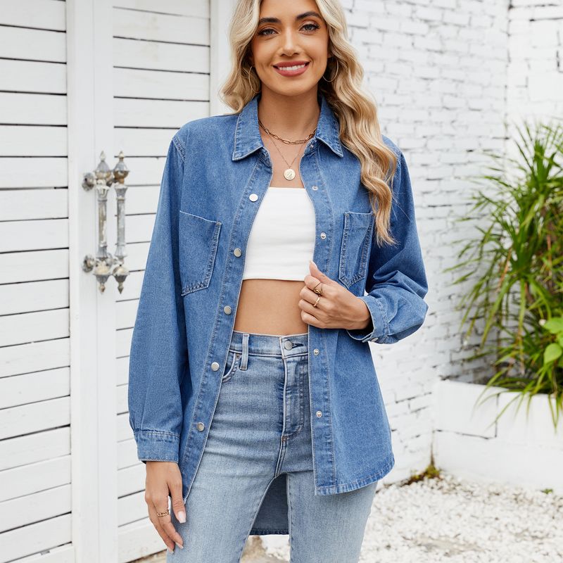 Vintage Wash Denim Shirt For Women – Distressed Loose Fit Long Sleeve Button-Up Top With Snap Buttons (Light Blue & Dark Blue)_voghion.com