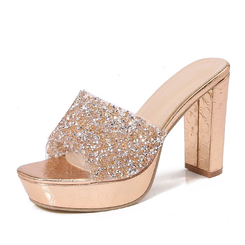 2025 Ladies Bohemian New Fashionable Rhinestone Slippers Korean Version Thick Soled High-heeled Women's Shoes_voghion.com