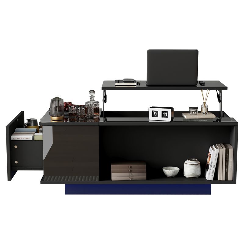 Table basse réglable en hauteur 100 x 50 x 40 cm avec rangement dissimulé, éclairage LED, tiroir, table d'appoint de salon, noire_voghion.com