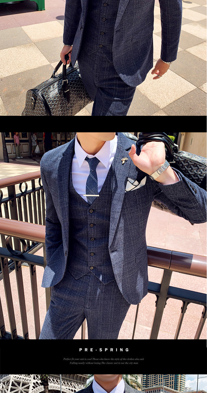 Men's Three-piece Suit Korean Style British Slim Plaid Wedding Casual Three-piece Suit_voghion.com