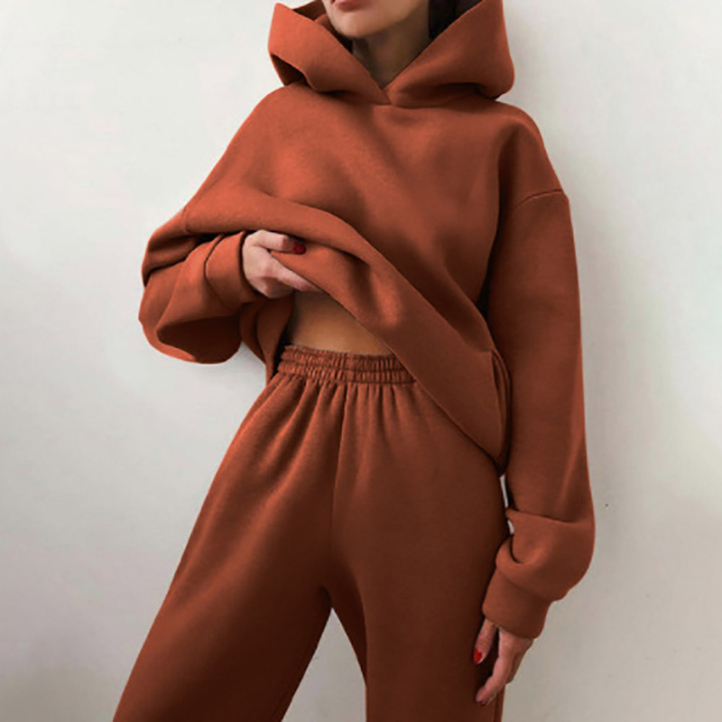 solid color casual fashion trousers thickened long-sleeved hooded sweatshirt suit_voghion.com
