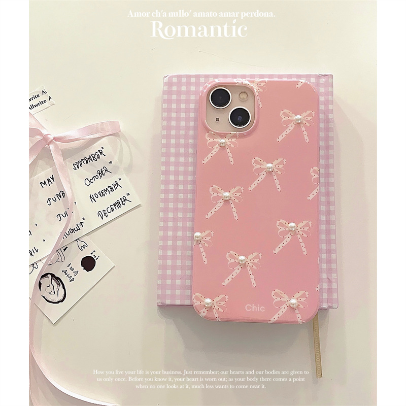 Custodia per telefono con fiocco rosa perla per ragazza, adatta per iPhone 15 Promax 13, 11, 3D, 12, 14._voghion.com