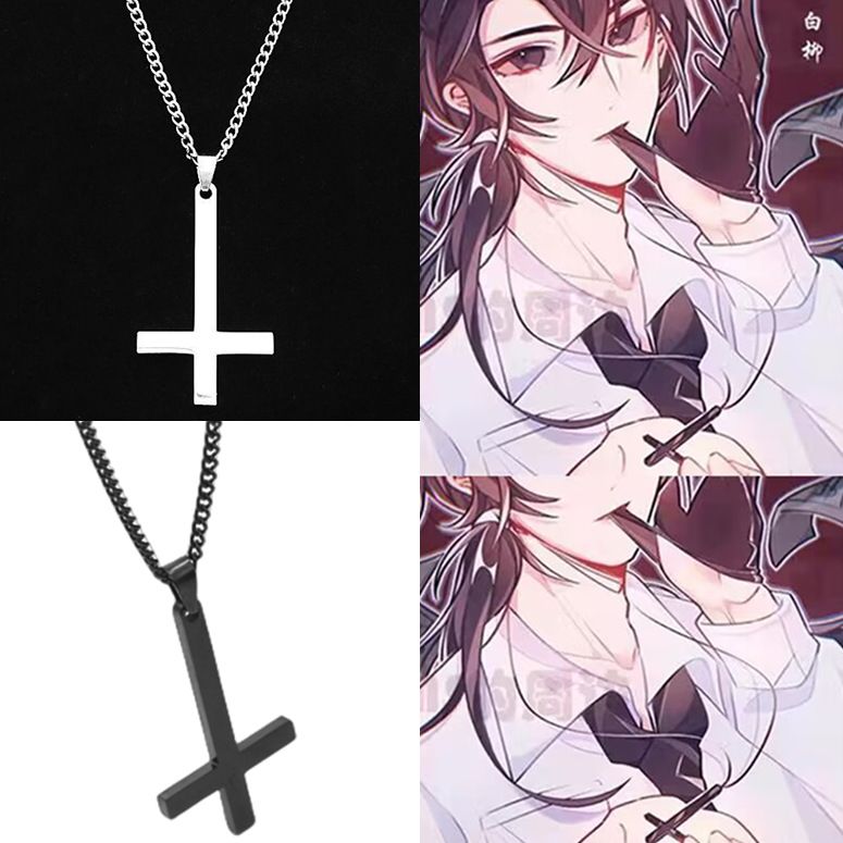 Collana con croce rovesciata nera da uomo, ciondolo in acciaio al titanio per donna, minimalista, placcato in oro bianco, accessori alla moda per uomo_voghion.com
