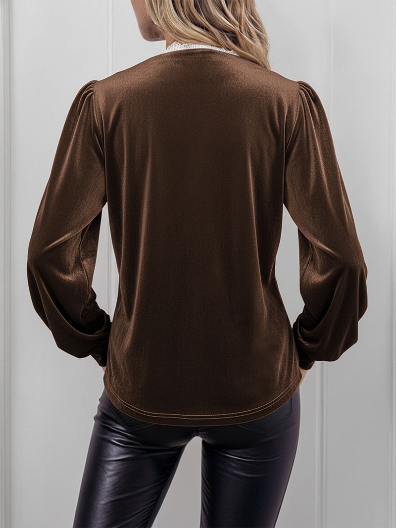 Elegant Vintage Velvet Blouse With V-Neck & Lace Trim - Fall/Winter Boho Chic Shirt For Women, Loose Fit With Puff Sleeves (Brown, S/M/L/Xl)_voghion.com