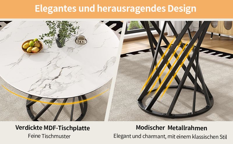 Runder Esstisch 80x76cm Mit Marmorplatte, Schwarze Beine_voghion.com