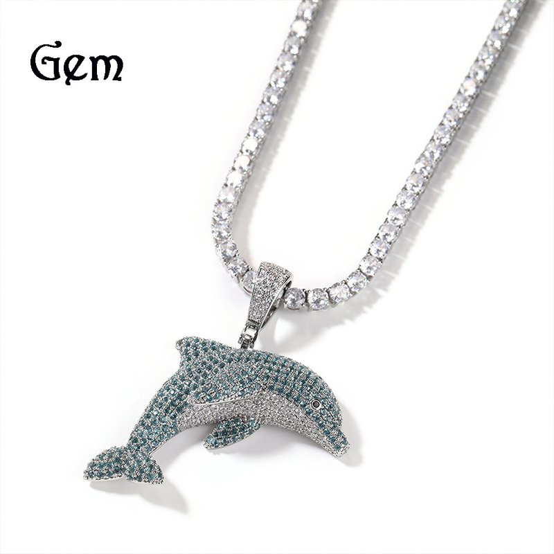Hip hop novo pingente de golfinho sólido de diamante colorido com conjunto de cobre pedra de zircônia para elemento animal versátil masculino_voghion.com