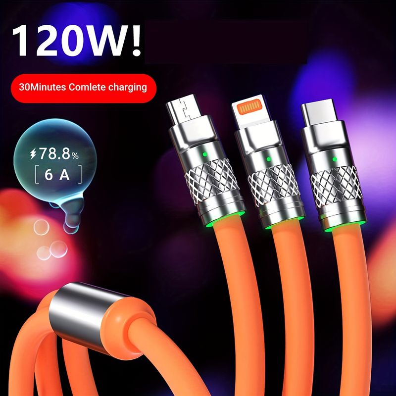 120W 3-in-1 Multi Super Fast Charging Cable 3.9ft Universal Multiple Charging Cord Type C/Micro USB/for Apple (Charging Only)_voghion.com