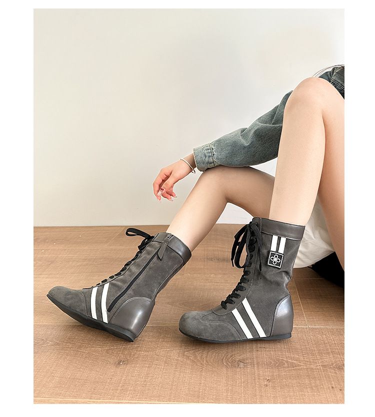 Botas de boxeo para mujer, versión de piel de vaca, con aumento de altura, planas, informales, deportivas, de estatura pequeña, con cordones, estilo Martin, de Bir Kenstock_voghion.com