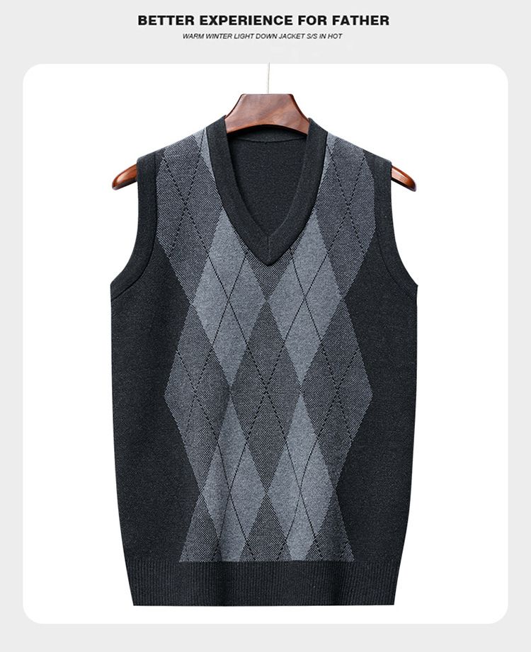 Herren Strickweste aus Wolle mit V-Ausschnitt und Rautenmuster, verdickter ärmelloser Pullover für Herbst und Winter_voghion.com