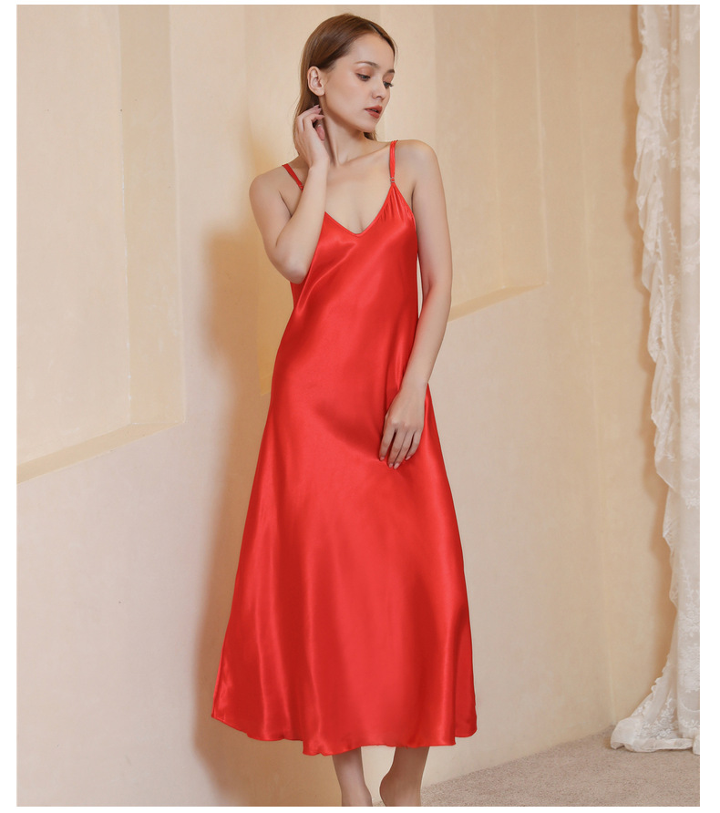 Damenbekleidung in Übergröße, XXL, mittellang und lang, schlank, sexy, großer V-Ausschnitt, Schlinge kann draußen getragen werden, dünner Satin, Schlafanzug_voghion.com