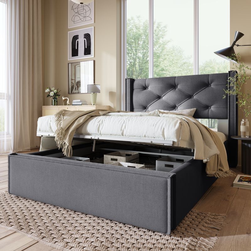 Lit simple avec rangement hydraulique 90 x 200 cm, matelassé avec sommier à lattes métalliques, cadre de lit moderne en coton gris._voghion.com