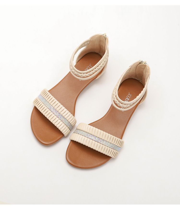 wedge sandals for women round head rhinestone fairy style one-word Roman sandals for women_voghion.com