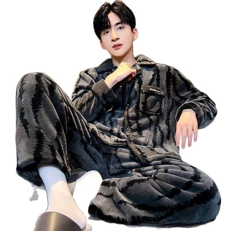 Autumn And Winter New Men's Loungewear Coral Fleece Thickened Warm Pajamas Can Be Worn Outside Loungewear_voghion.com