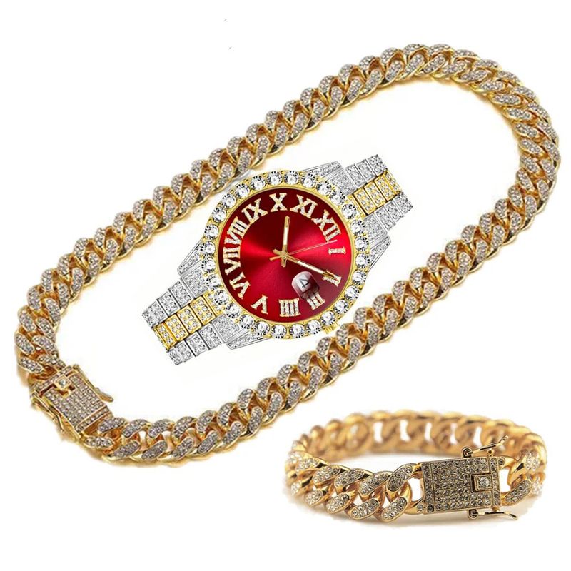 Hip Hop Watches Set Diamond Watch Bracelet Necklace Quartz Watch_voghion.com