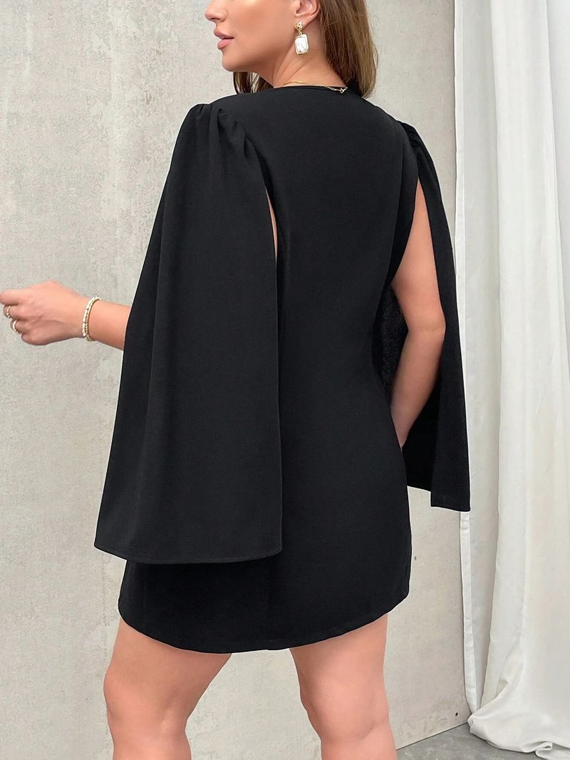 Vestido elegante plus size feminino em linha A com botões trespassados, decote em V, manga comprida, saia midi casual para outono e inverno_voghion.com
