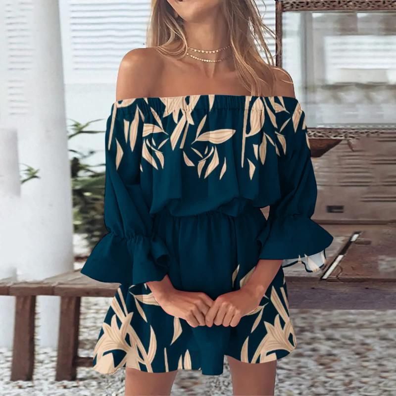 Damen Sommerkleid mit Blumendruck, sexy, schulterfrei, ausgestellte Ärmel, Tunika-Kleid, lässig, Boho-Strandkleid_voghion.com