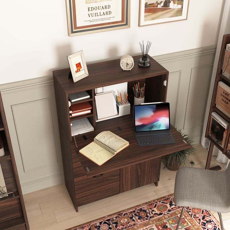 Bar Cabinet With Storage Drawer & Shelves, Fold-up Desktop, Ideal For Home,Dormitory, Small Spaces_voghion.com