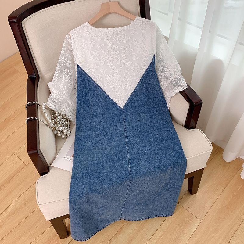 Abbigliamento da donna taglie forti, abito in denim con scollo a V e cuciture in pizzo XX2522_voghion.com