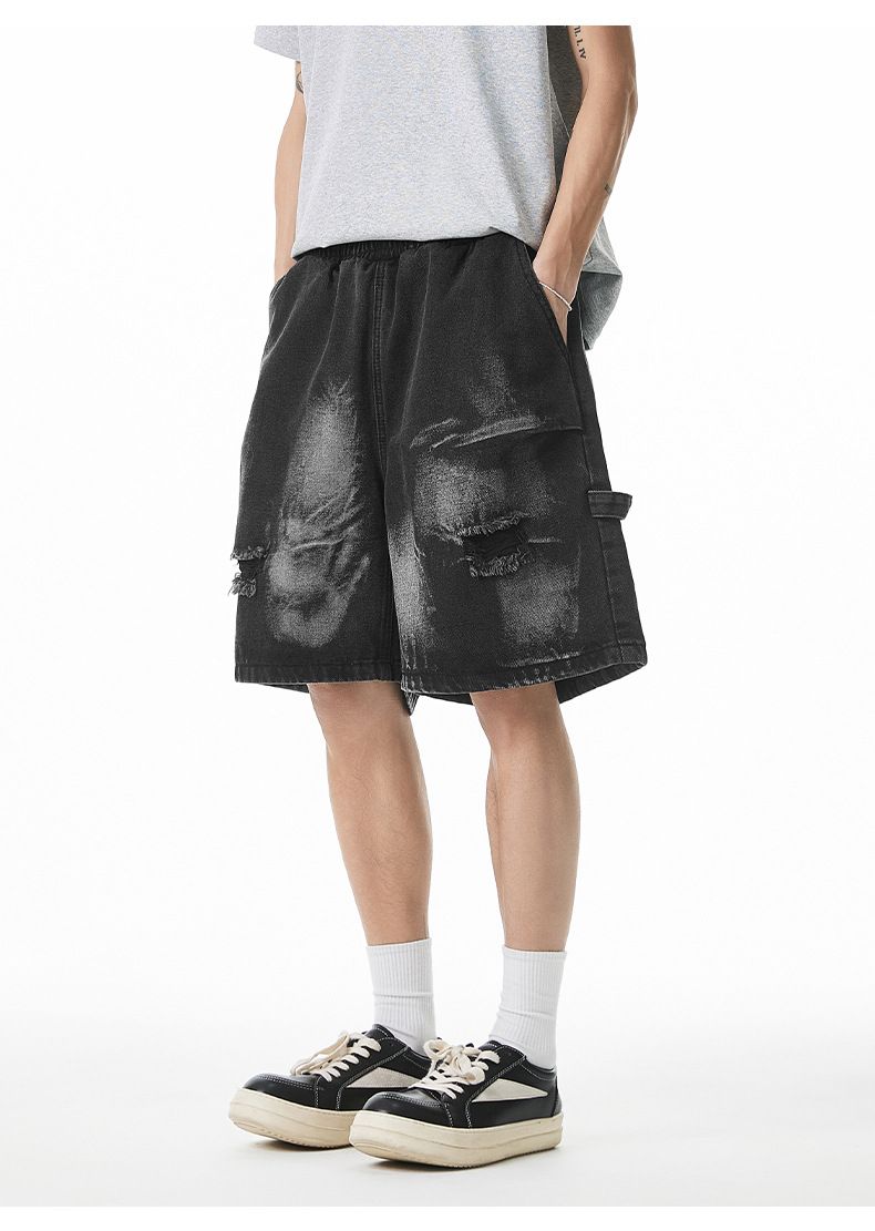 Männerkleeder Déif gewäschte Shorts mat zerrissenen Denim-Look, Summerstyle, gerappte Faarfdesign, Casual, locker, geplitzten Shorts_voghion.com