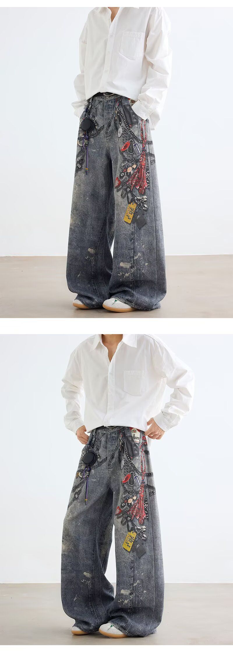 3D Üç Boyutlu Dijital Baskı Pantolon Zincir Yıkanmış Mürekkep Eskitilmiş Retro Geniş Paça Düz Kot Pantolon_voghion.com