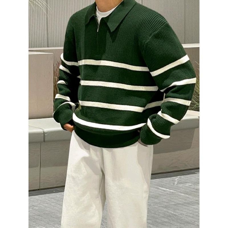 Men's Half-Zip Stripe Sweater - Thick Fleece Lined Knit, Oversized Collar, Relaxed Fit, Polyester Blend (Green/Black)_voghion.com