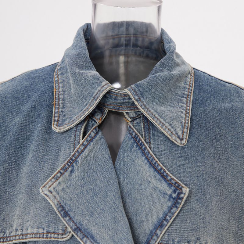 Damen-Jeans-Trenchcoat – Mittellange blaue Jacke mit taillenbetontem Revers (S/M/L/XL)_voghion.com
