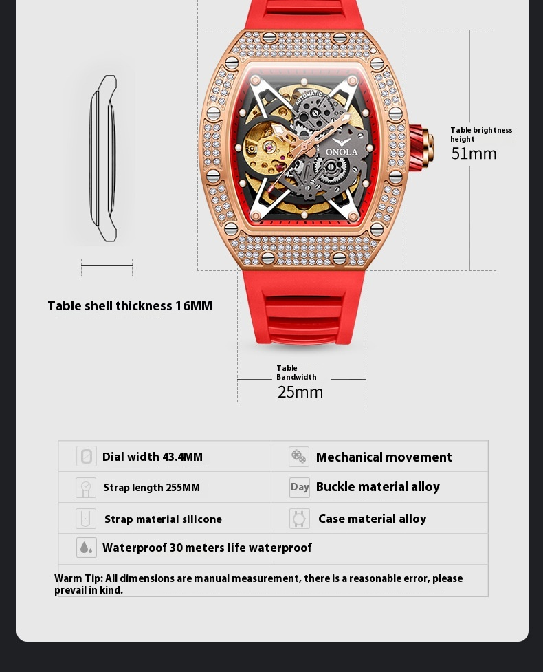 Fashion Diamond New Aurona/ONOLA Live Full Automatic Mechanical Watch Men's Silicone Tape Waterproof_voghion.com