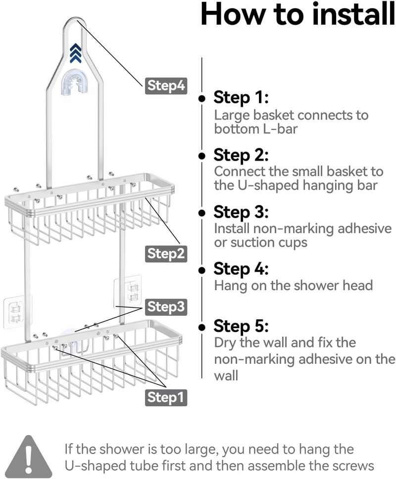 2-Tier Shower Organizer | Aluminum Hanging Rack | Razor Hook & Soap Dish | 18kg | EU Space Saver_voghion.com