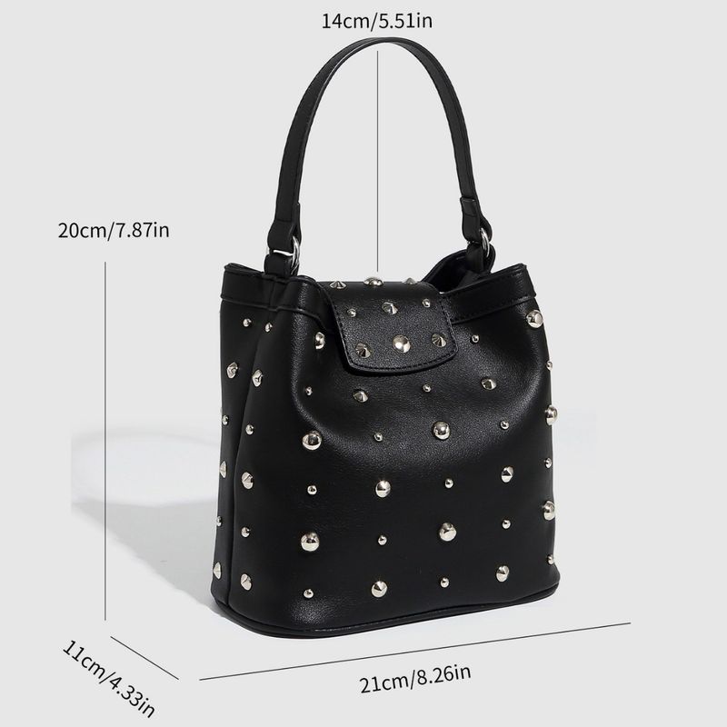 Nuova borsa a mano metallizzata con rivetti, borsa a tracolla con catena a secchiello a pois in stile punk, borsa da donna a spalla singola_voghion.com