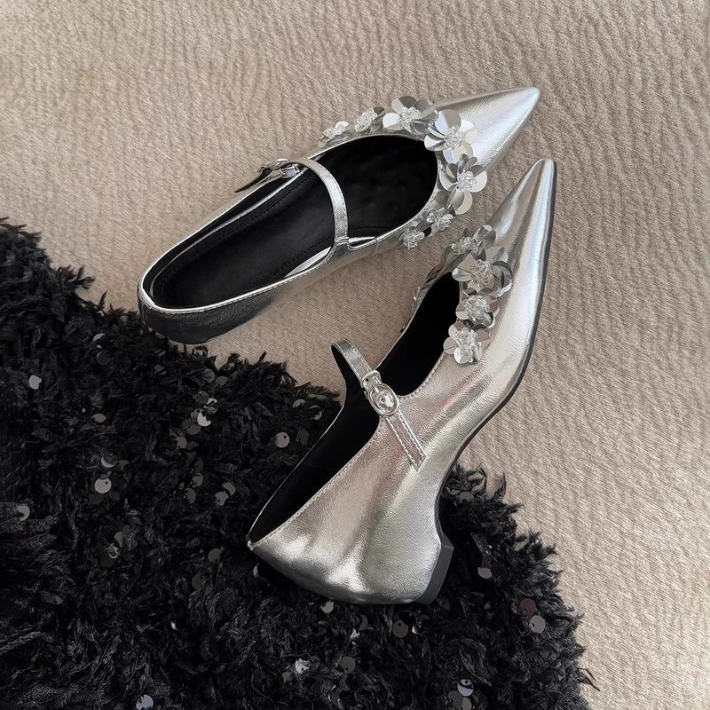 Sheepskin Version Thick Soled Flower Sequined One Strap Shoes For Women Temperament Inner Heightening Pointed Toe Single Shoes_voghion.com