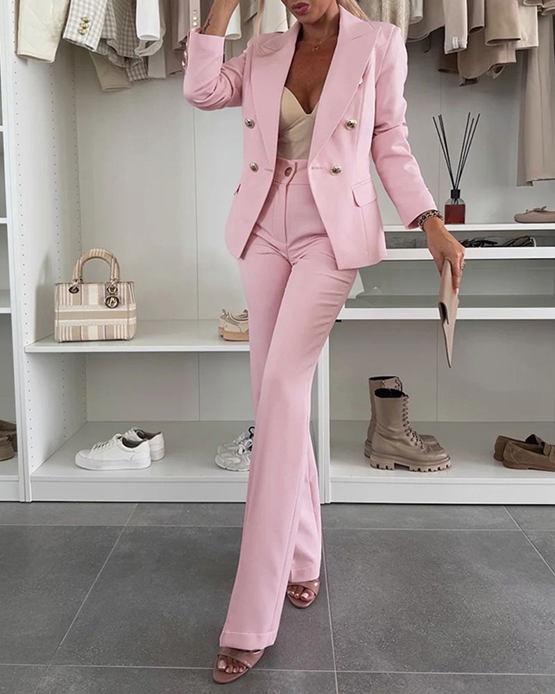 "Women's Slim-Fit Blazer & Flared Trousers Set – Modern Workwear With Metal Buckle Detail (Rose Red/Pink/Khaki/Black/Azure, S-XL)"_voghion.com