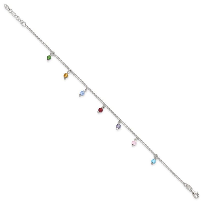 Sterling Silver Polished Multi-colored Beads 9in Plus 1in Ext. Anklet_voghion.com