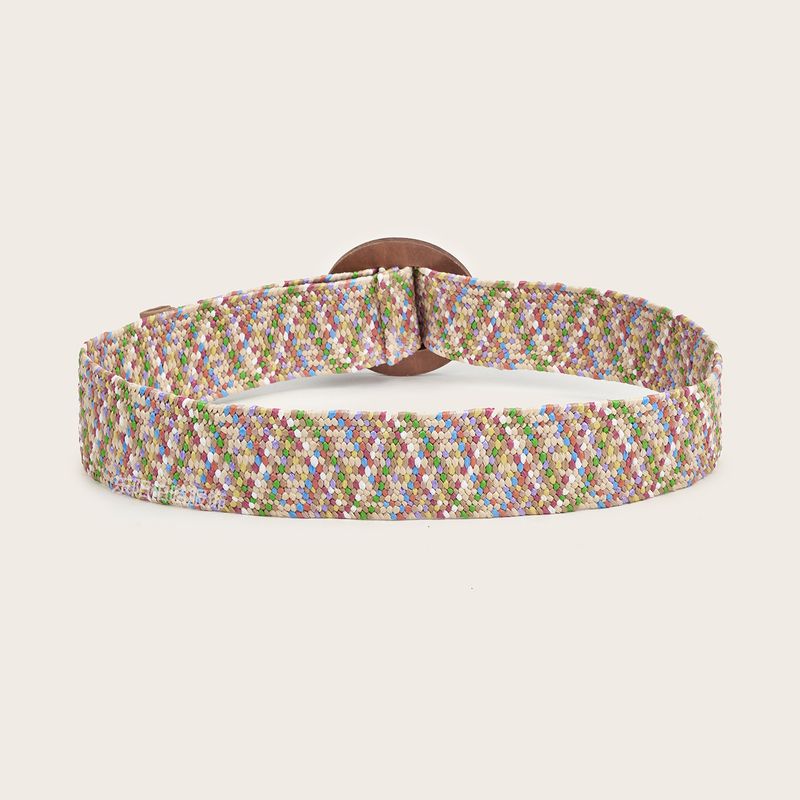 Damengürtel Sommer PP Stroh gewebt elastisch bunt Holz quadratische Schnalle Gürtel Gurtband_voghion.com