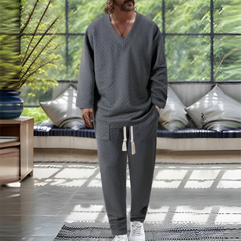 Traje informal de otoño para hombre, estilo europeo y americano, con cuello en V, manga corta, bolsillo y cordón, color liso texturizado_voghion.com